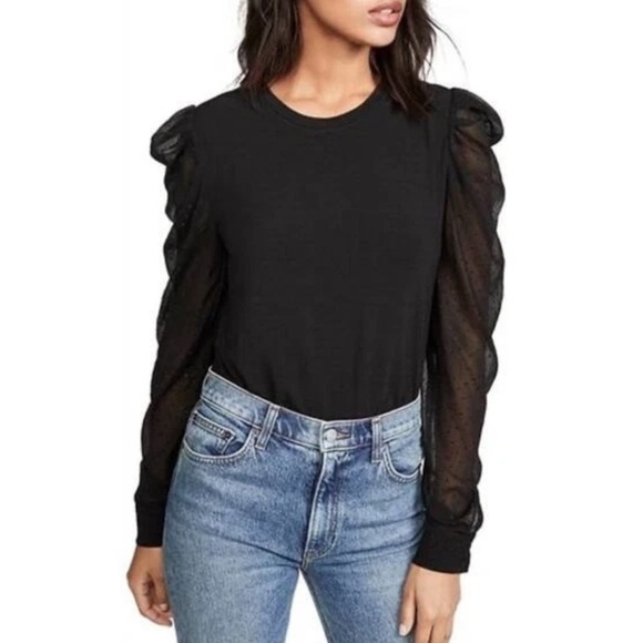 Generation Love Tops - Generation Love Quinn Rhinestone Sheer Puff Sleeve Top Medium Black
